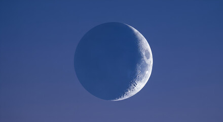 Stunning crescent moon hangs in a clear, deep blue sky revealing intricate surface details and cosmic wonder