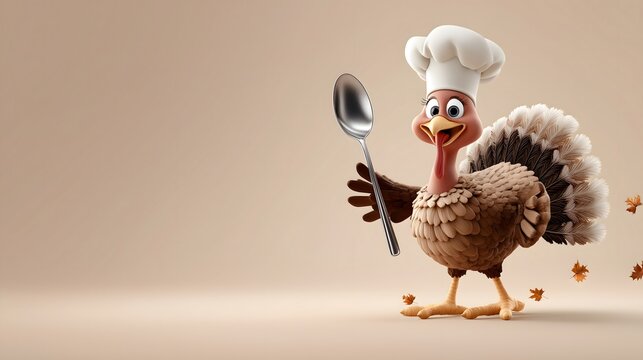 Cartoon turkey wearing chef hat and holding spoon on clean background – Happy Thanksgiving - Powered by Adobe