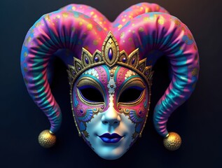 Ornate venetian jester mask with colorful horns and crown