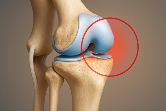 Detailed anatomical illustration of a knee joint highlighting cartilage structure, symbolizing joint health, mobility, and osteoarthritis prevention.
