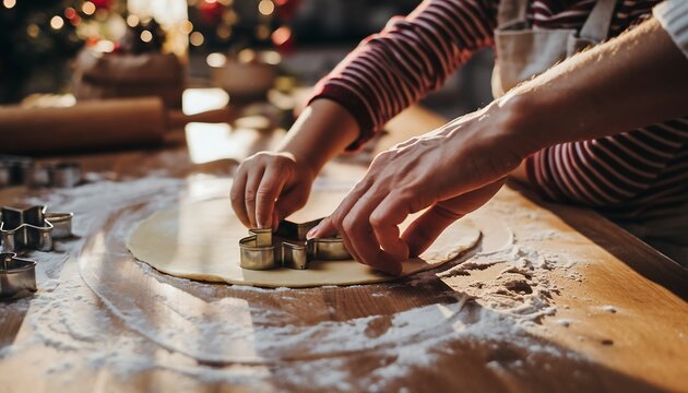 Close-up of adult and child hands pressing gingerbread man cookie cutter into dough, festive family baking activity - Powered by Adobe