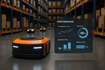 Autonomous warehouse robots operating efficiently with performance metrics displayed. Concept of automation, logistics, efficiency, and modern supply chain technology.