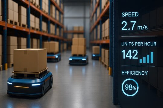 Autonomous robots transporting boxes in a modern warehouse, highlighting automation, efficiency, and speed in logistics operations.