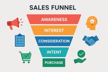 Sales funnel diagram illustrating stages from awareness to purchase, depicting key steps in the consumer journey. Concept of marketing strategy, customer engagement, and conversion optimization.
