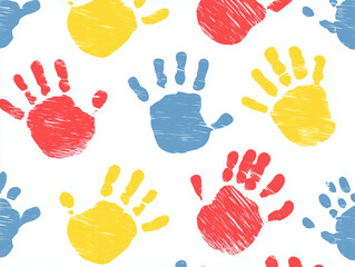 Seamless pattern of colorful kids handprints in rainbow colors, children art background

