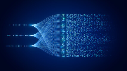 Artificial intelligence data processing and machine learning concept, digital neural network with binary code and data flow visualization on blue background