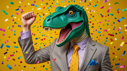 Fototapeta premium Eccentric Businessman in Tan Suit and Yellow Tie Wearing a Tyrannosaurus Rex Dinosaur Head Mask Celebrating in Falling Confetti, Representing Business Success, Creativity, and Fun Party Concepts