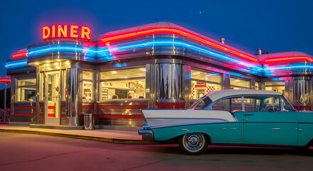 Vintage American Diner with Neon Lights at Night Retro 1950s Style