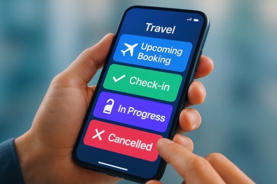 Individual using a mobile app to manage travel itinerary, showcasing check-in status and booking options. Concept of digital convenience, travel management, and user experience. - Powered by Adobe
