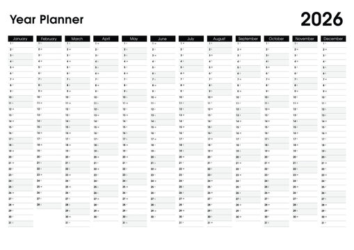 2026 Year planner. Wall calendar design template. Horizontal annual worldwide printable wall planner, diary, activity template - with dates, days of the month and space for personal notes. - Vector