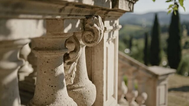 Close-up of an ornate stone balustrade overlooking a sunny Tuscan landscape.