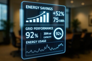 Fototapeta premium Digital energy dashboard displaying metrics on energy savings, grid performance, and usage analytics. Concept of sustainability, technology, and smart energy management in modern offices.