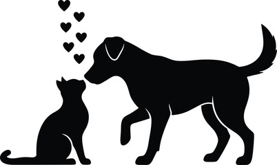 Cat, dog, silhouette, vector, love, heart, pet, animal, friendship, bond, black, white, affection, sitting, standing, companion, cute, interaction, illustration, design