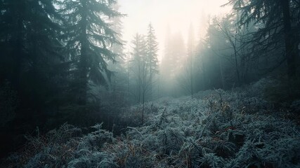 Misty evergreen forest with frosted undergrowth in soft morning light - Powered by Adobe