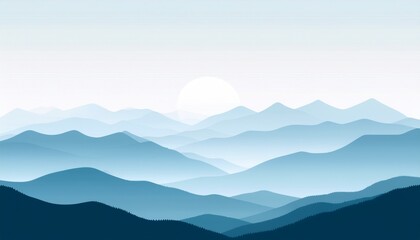 Serene Blue Mountain Landscape at Dawn, Gradient Color Artistic Nature Scene