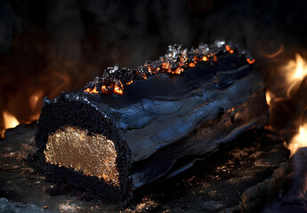 Striking Charcoal Yule Log Cake with Gold Filling and Ember Topping