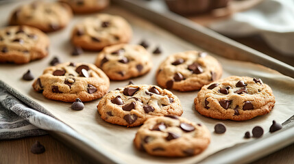 Delightful warm chocolate chip cookies on a baking sheet ready to serve for National Cookie Day, Chocolate Chip Cookie Week, Cookie Exchange Day, Homemade Cookies Day