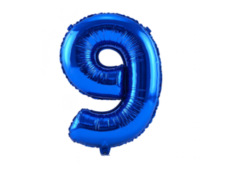 Blue foil balloon number nine, shiny metallic surface, isolated on transparent background, festive party decoration, cheerful and celebratory mood, suitable for birthday or anniversary event