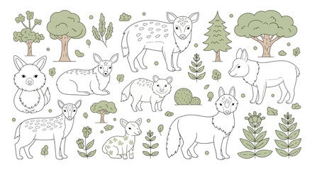 Obraz premium Enchanting forest creatures and lush vegetation line art illustration perfect for coloring