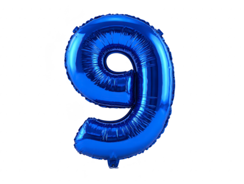 Blue foil balloon number nine, shiny metallic surface, isolated on transparent background, festive party decoration, cheerful and celebratory mood, suitable for birthday or anniversary event