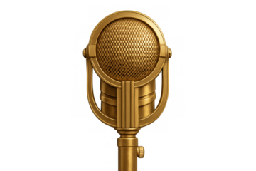 Golden vintage microphone on transparent background, symbolizing broadcast, sound, music, and retro performance