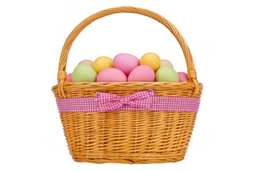 Wicker basket filled with pastel colored eggs, decorated with pink gingham ribbon, symbolizing Easter celebration, springtime, and festive joy
