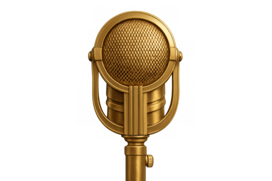 Golden vintage microphone on transparent background, symbolizing broadcast, sound, music, and retro performance