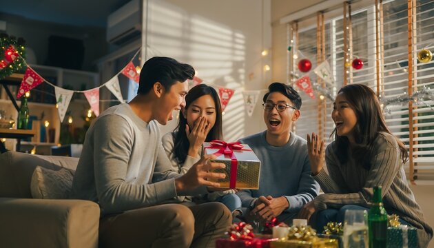 Diverse group of happy friends exchanging Christmas gifts at holiday home party, festive social gathering - Powered by Adobe