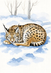 Obraz premium Watercolor painting of a sleeping spotted lynx resting in blue snow