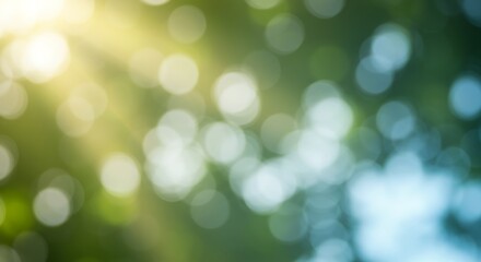 Soft bokeh lights and sun rays filtering through green foliage, creating a serene and tranquil natural ambiance