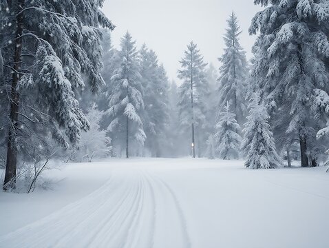 Serene winter forest with snow covered evergreen trees and snow tracks path