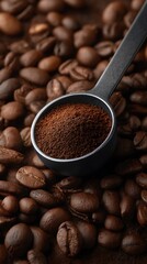 Fototapeta premium Ground Coffee in a Metal Scoop on Roasted Coffee Beans, Dark Background