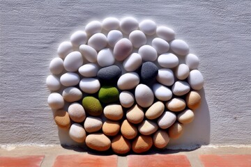A decorative circular arrangement of smooth, rounded pebbles in various colors and sizes is affixed to a textured white wall.