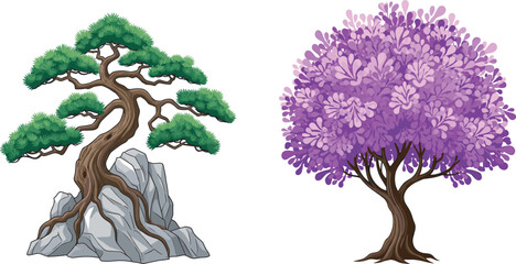 Bonsai tree and purple foliage tree side by side, nature contrast, artistic landscape, vibrant leaves, serene garden scene, botanical beauty, tranquil outdoor composition, o 