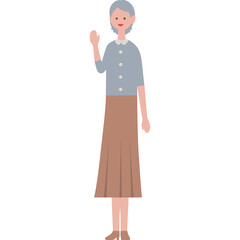 Elderly Woman With Gray Hair Waving Hello Standing In A Casual Outfit With A Blue Cardigan And Brown Skirt On A Transparent Background