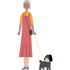 Elderly Woman with Gray Hair Wearing a Coral Dress and Yellow Top Walking a Small Black Dog on a Leash Outdoors on a Sunny Day