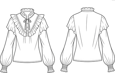 Cad drawing flat vector illustration, women’s blouse front and back view, fashion technical sketch, ruffle design, garment template