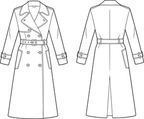 Trench coat fashion sketch, double-breasted technical flat drawing, front and back view,