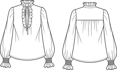 Cad drawing flat vector illustration, women’s blouse front and back view, fashion technical sketch, ruffle collar, smocked sleeve design
