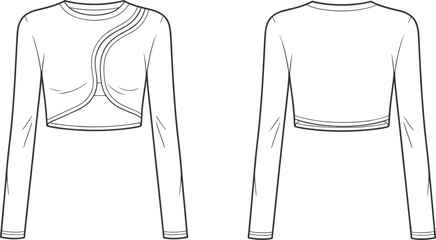 Ruched asymmetrical crop top fashion sketch, technical flat drawing, front and back view, vector template, CAD drawing flat vector illustration