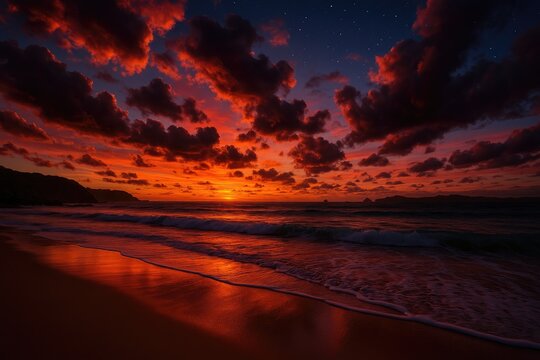 Fiery sunset sky over ocean waves and sandy beach landscape, twilight seascape with clouds, sunset beach