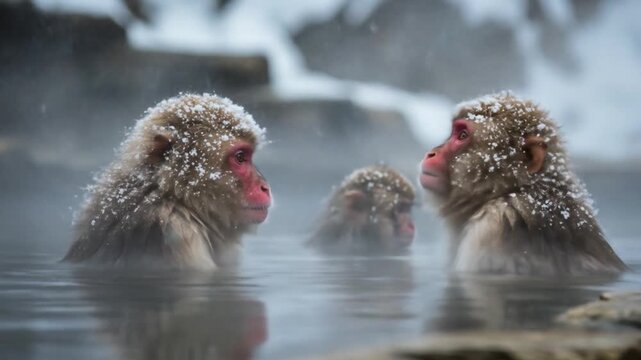 Snow monkeys relaxing in hot springs