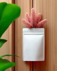 A blank white resealable pouch is displayed against a vertical wooden panel background, adorned with pink fluffy dried flowers and a blurred green leaf.