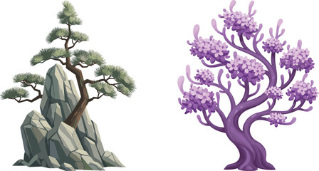 Stylized pine tree on rocky base beside vibrant purple fantasy tree, showcasing artistic contrast, digital nature illustration, perfect for design, education, fantasy art, and decor.