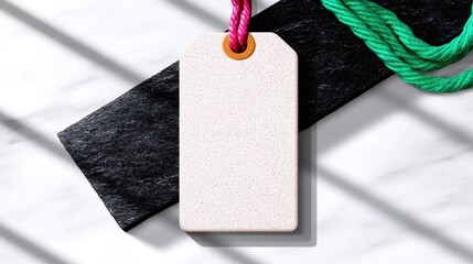 A blank white tag hangs from a pink rope, placed on a dark textured surface with a green rope draped nearby, casting shadows on a marble background.