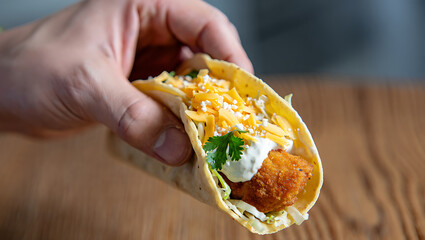A close-up view of a hand holding a delicious crispy fish taco, topped with shredded cheese, fresh cilantro, and a creamy sauce, all on a soft tortilla against a wooden background.