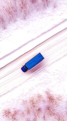 An aerial view shows a blue truck traveling on a snow-covered road, with bare trees lining the sides of the path.