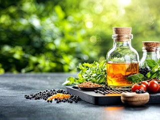 Clear glass bottles filled with amber liquid are surrounded by fresh herbs, tomatoes, and various seeds on a dark surface.