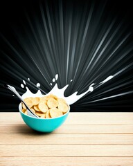 A turquoise bowl filled with round, light-colored cereal is on a wooden table, with a splash of milk and a spoon in the cereal.