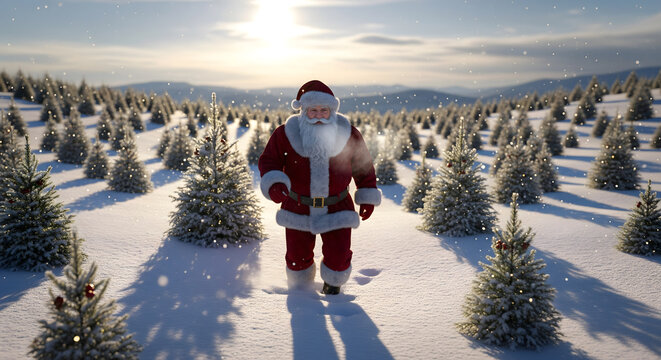 Santa Claus walking through a vast snow-covered christmas tree forest